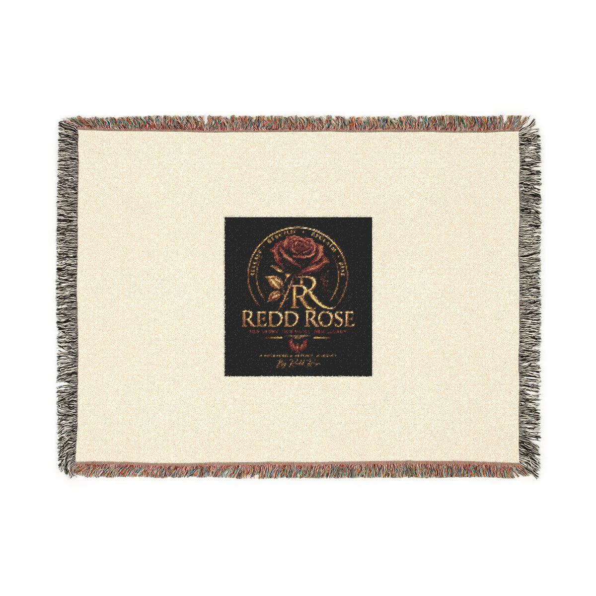 Rose Emblem Woven Blanket — Vintage Floral Throw with 'Stop Being' Text